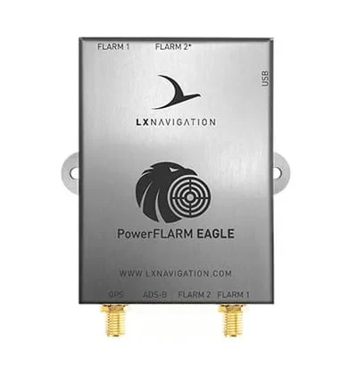 PowerFLARM Eagle in its brushed aluminium housing, with the GPS and FLARM antenna connectors on the lower edge