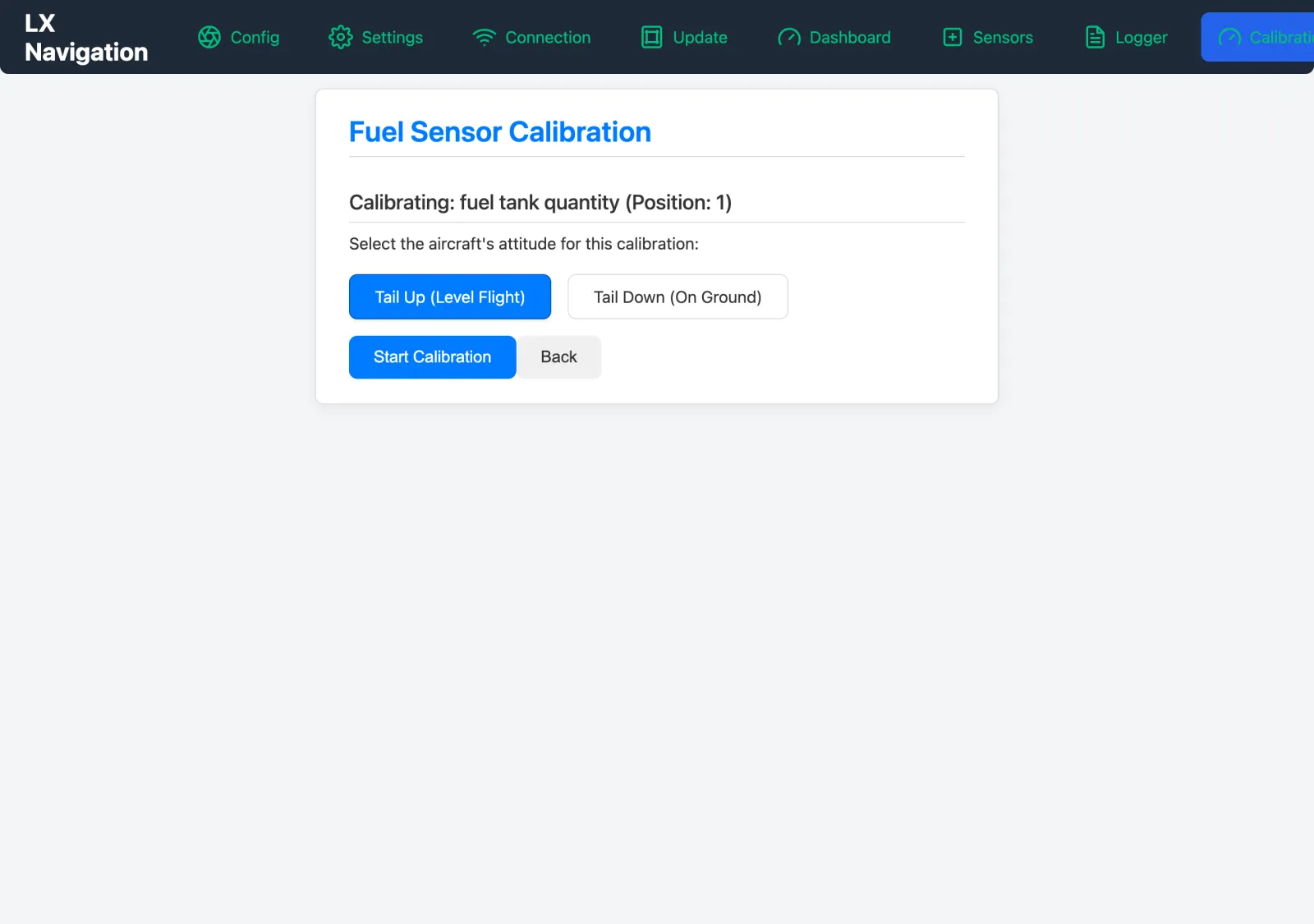 The NAVIA EMU fuel tank calibration page: choosing the aircraft attitude before pressing Start Calibration