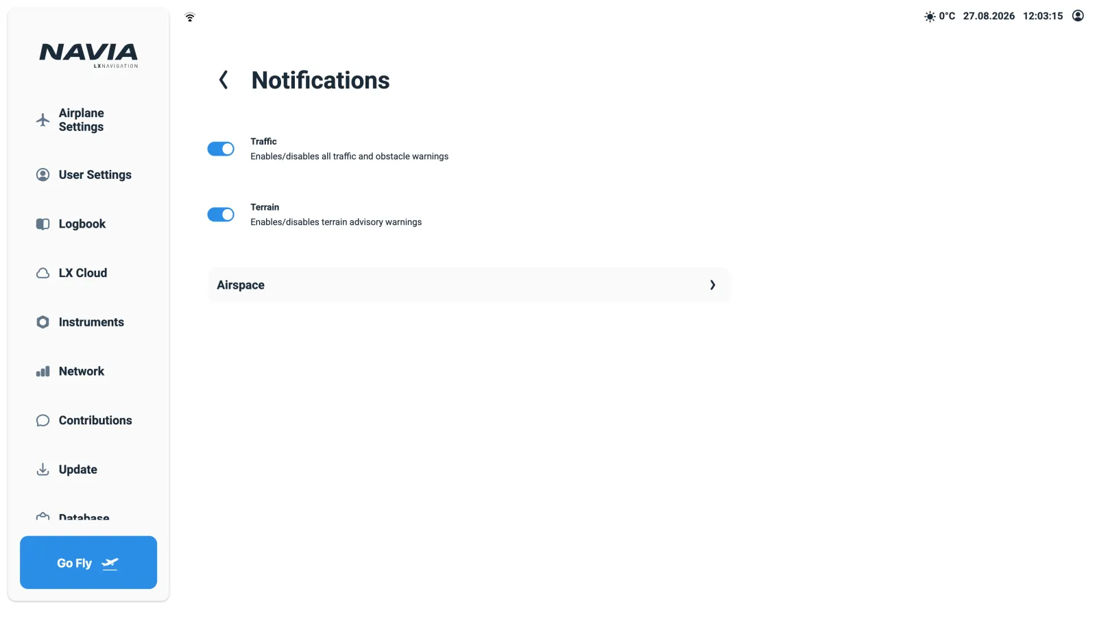 NAVIA notification settings, where each warning is enabled and tuned