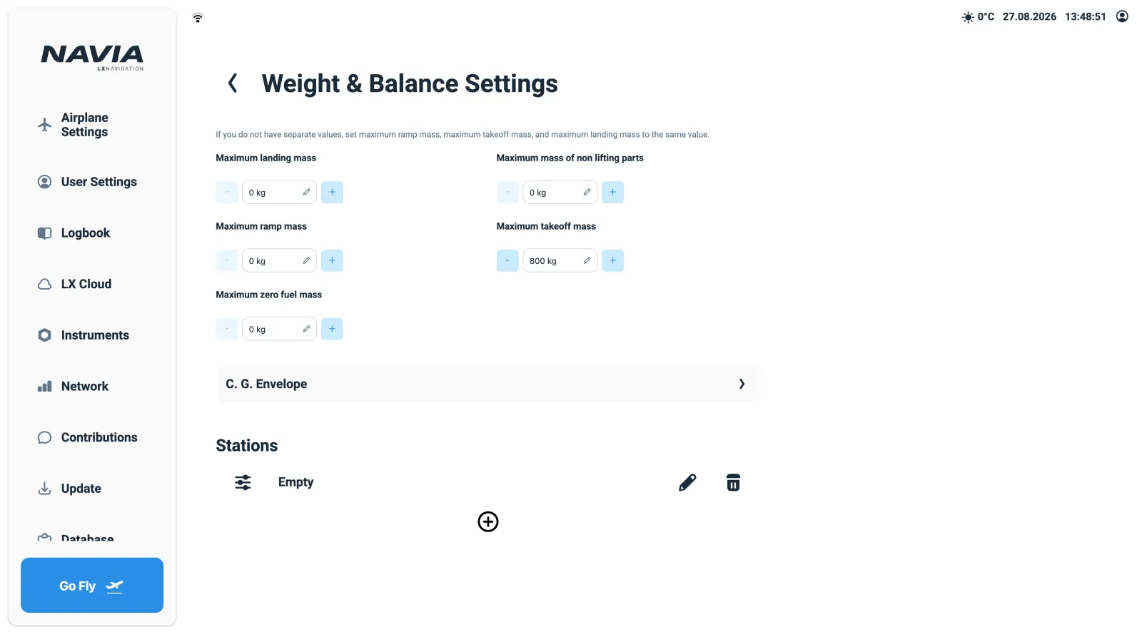 NAVIA weight and balance settings with stations and the C.G. envelope