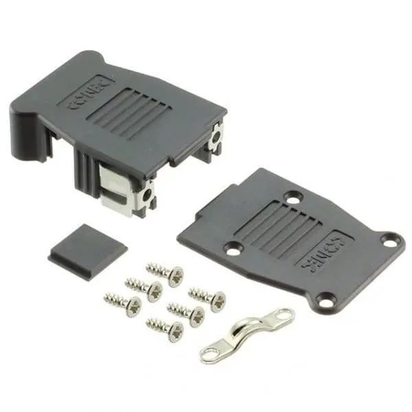 Nine-position two-piece D-Sub backshell kit laid out: shell halves, cable clamp, screws and jackscrews