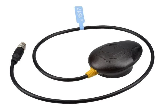 ADS-B Out Kit 3 GPS antenna: black teardrop puck on a coiled lead with a circular screw connector