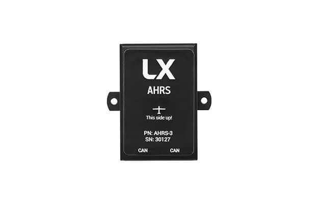 LX Navigation AHRS module, a small black box with mounting tabs and two CAN ports