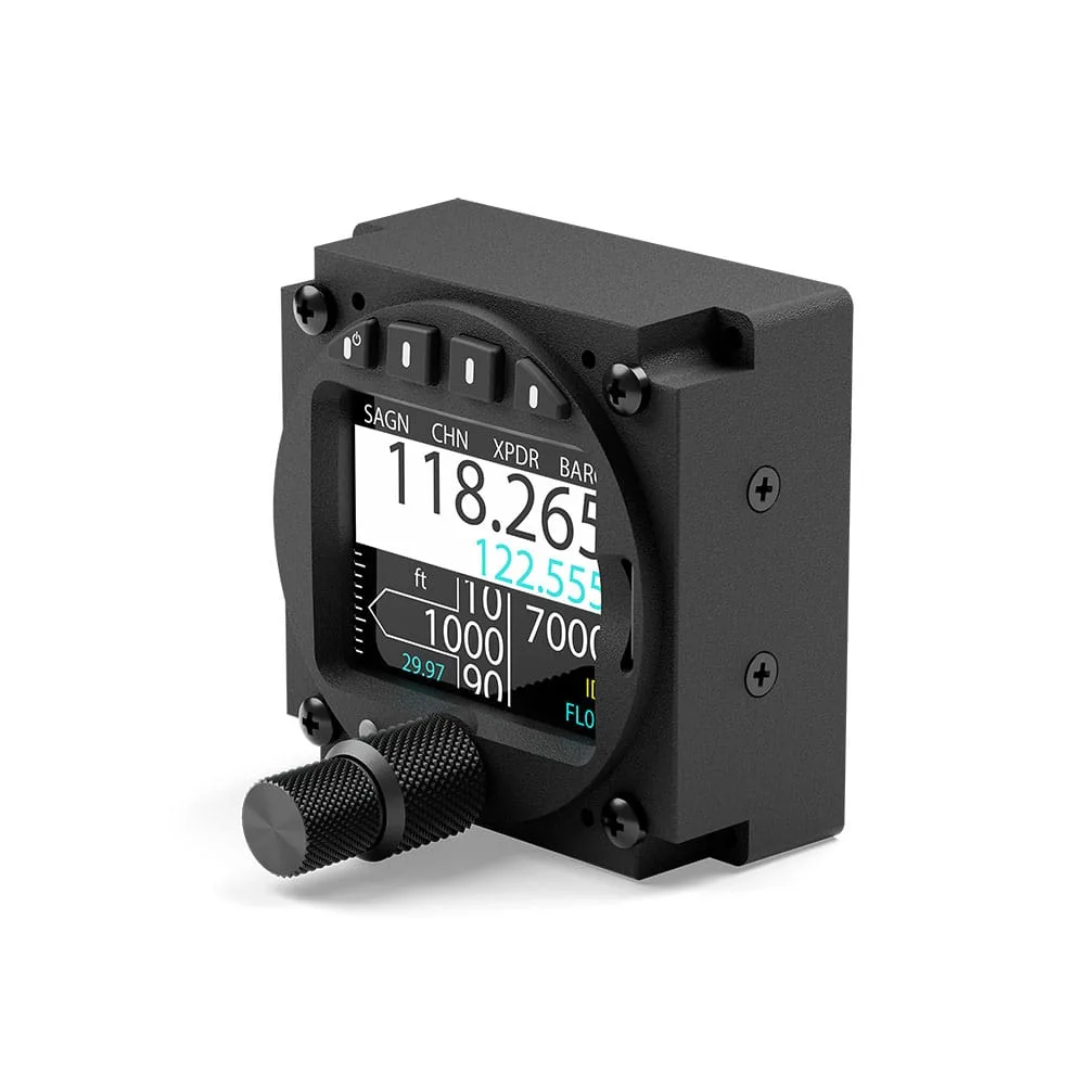 AIR Control Display 57 mm radio control head, front three-quarter, showing 118.265 MHz active and standby
