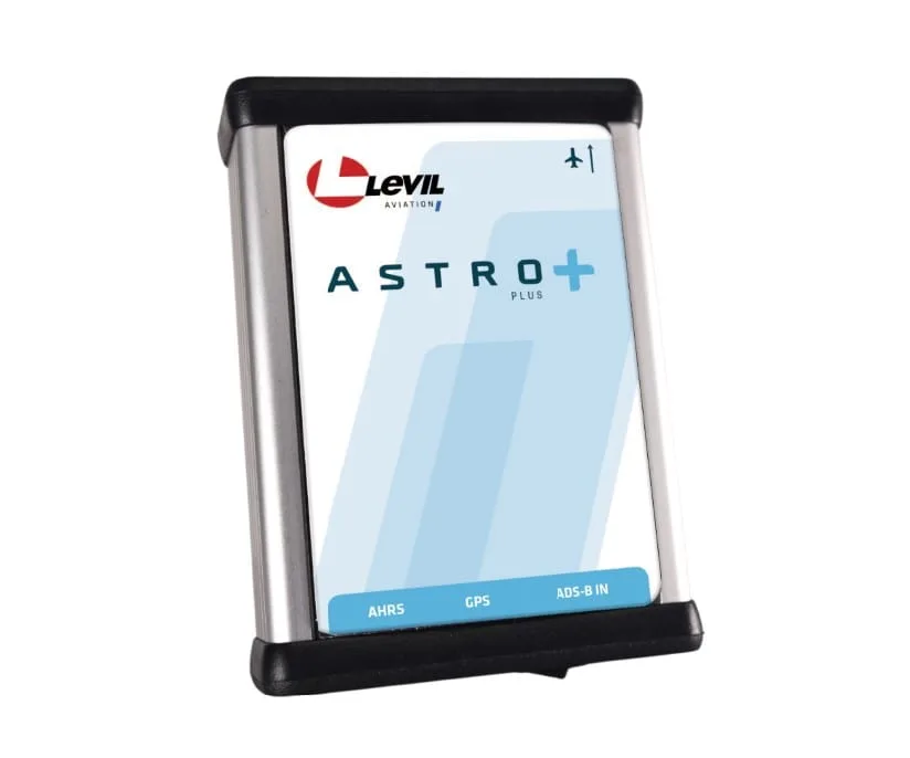 Levil Astro+ portable ADS-B and AHRS receiver, front view of the white and aluminium housing