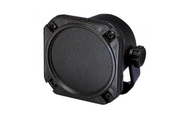 Cockpit audio speaker: black square housing with a round mesh grille and a side mounting bracket