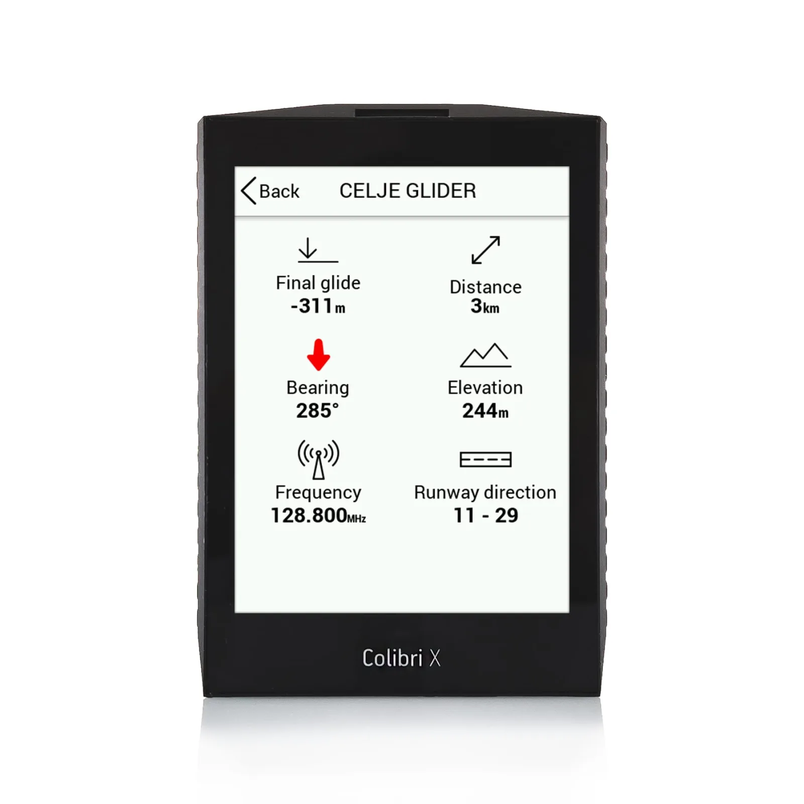 Colibri X flight recorder showing the airport page for Celje with final glide, bearing and runway direction