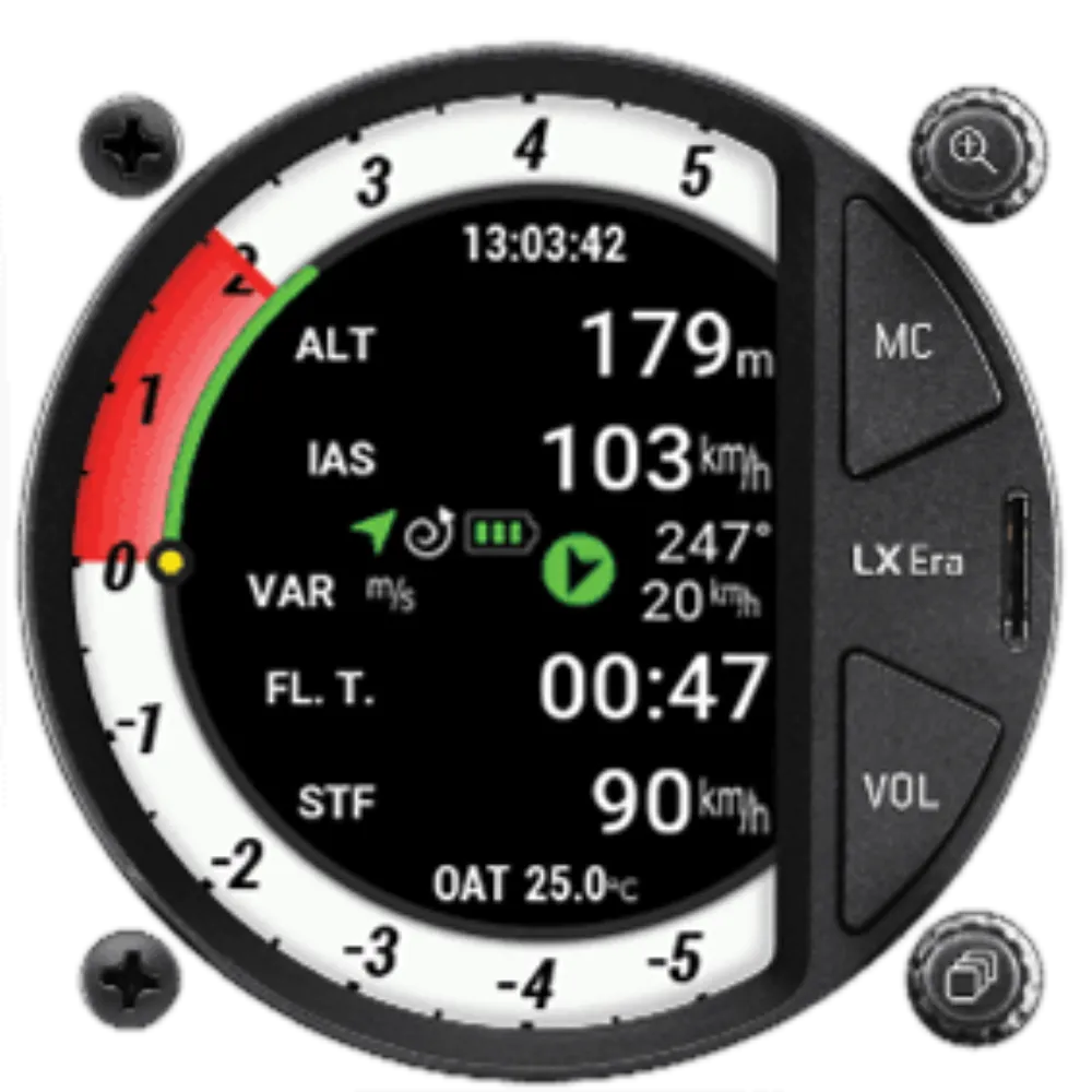 ERA 80 variometer showing the flight data page: 179 m altitude, 103 km/h and 47 minutes elapsed