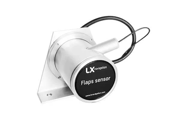 Flaps sensor: white cylindrical LX Navigation sensor on an angled mounting bracket with its lead