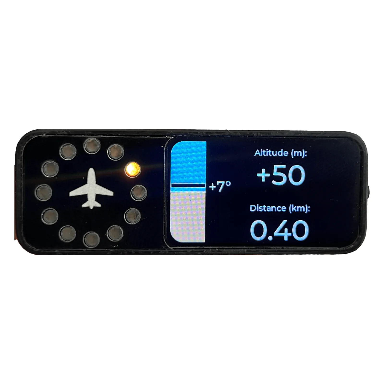 Traffic LED Display Pro showing a target 0.40 km away and 50 m above on the LED ring and colour screen