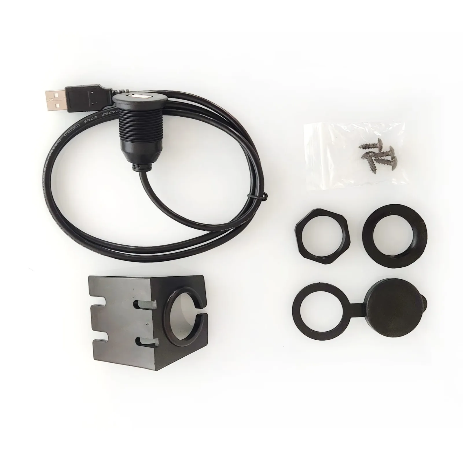 FLARM USB extension cable with panel holder, shown with its sealing rings, cap and mounting screws