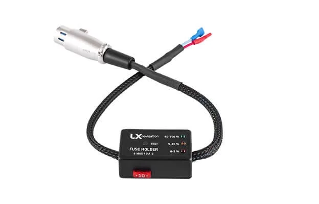 LX Navigation inline fuse holder with a 10 A fuse, a braided lead and a circular connector
