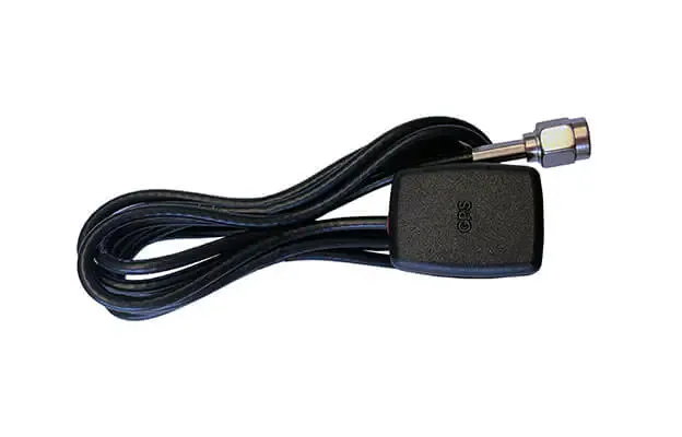 GPS antenna with SMA connector, 1.5 m: a small black patch antenna on a coiled coaxial lead
