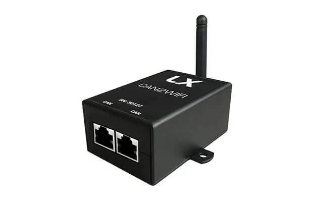 iris CAN2WIFI: a small black LX Navigation module with an antenna and two CAN sockets