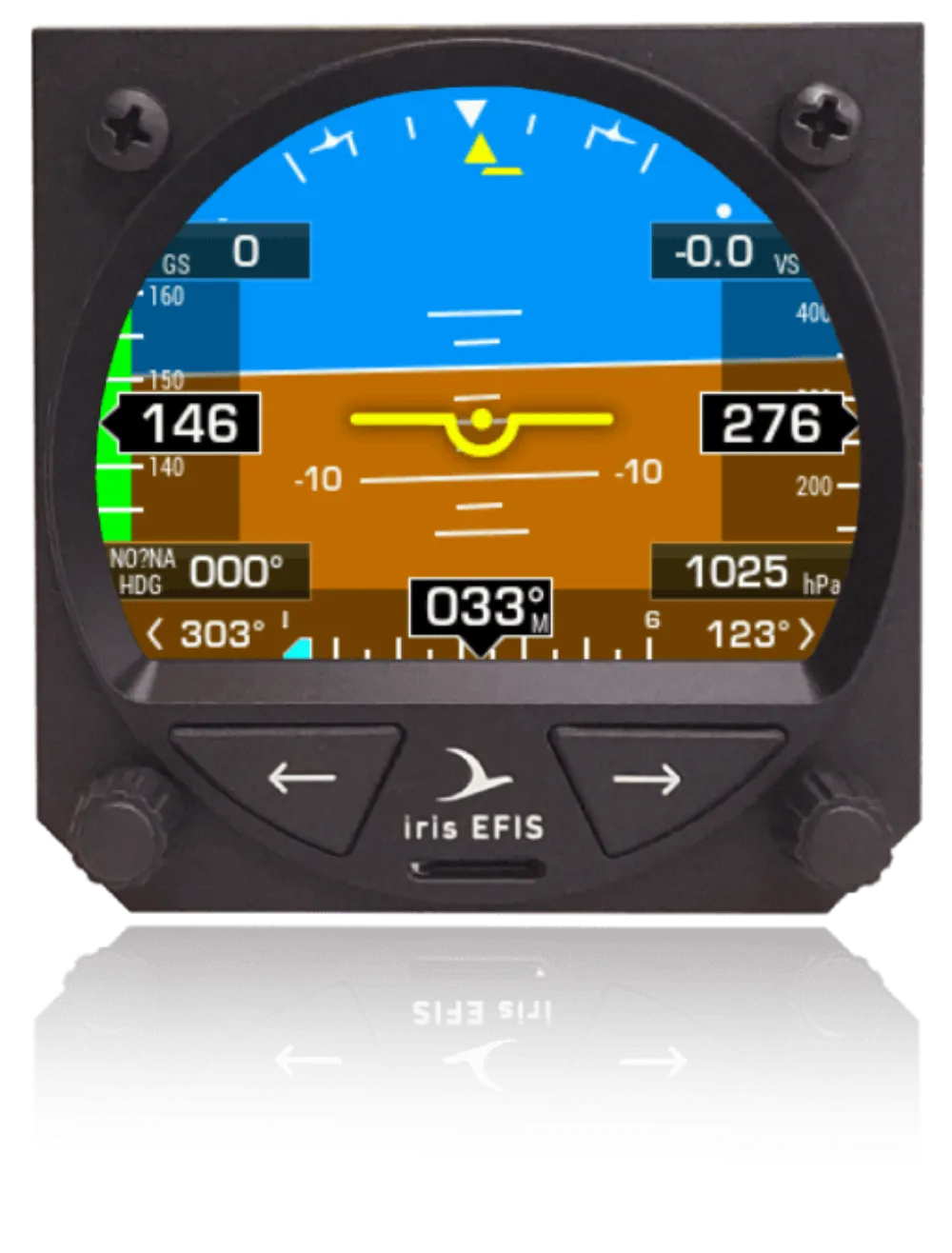iris EFIS 80 showing the attitude page with the horizon, speed and altitude tapes