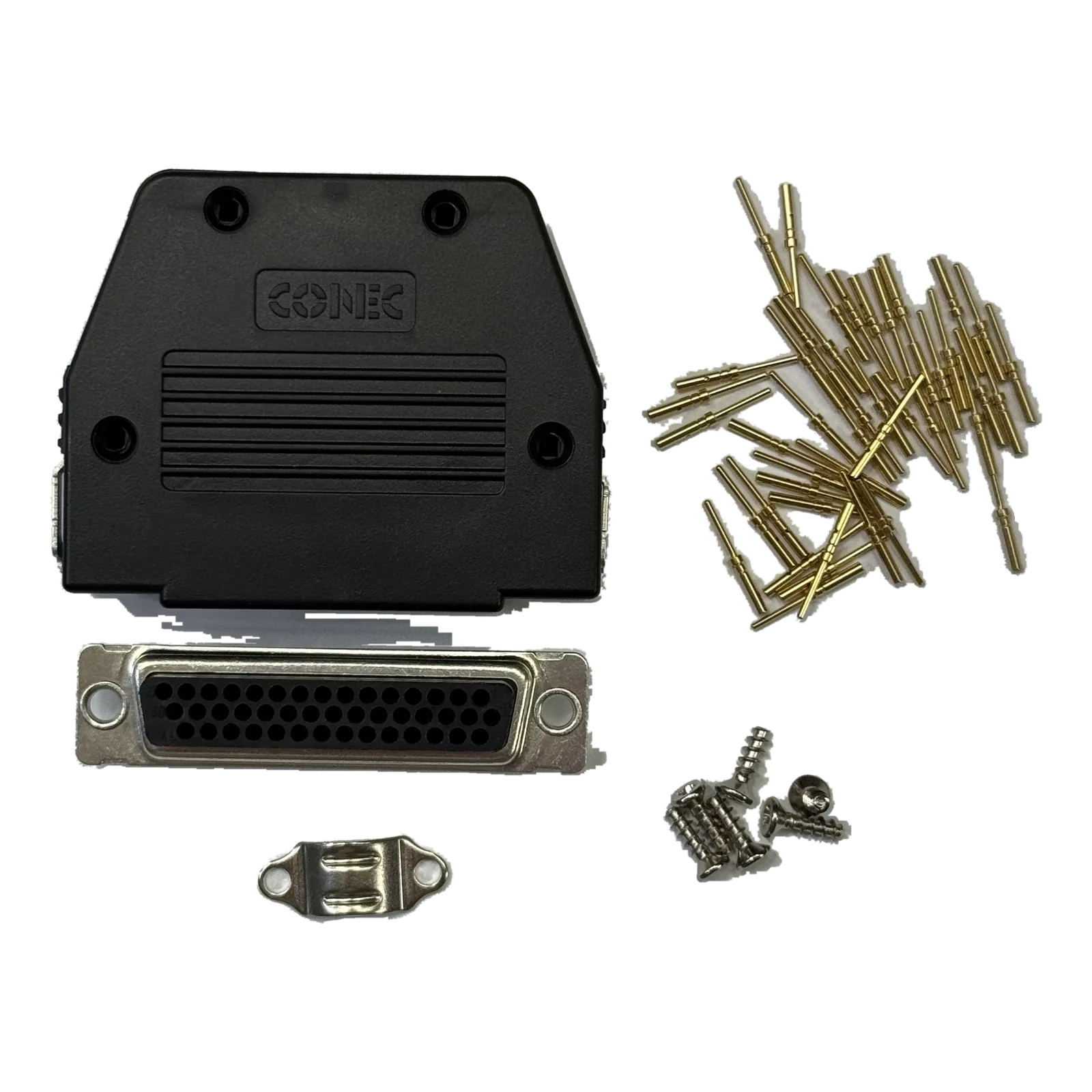 Navia Core Pro J100 connector set: 44-way high-density D-Sub plug, two-piece backshell, gold crimp pins and screws