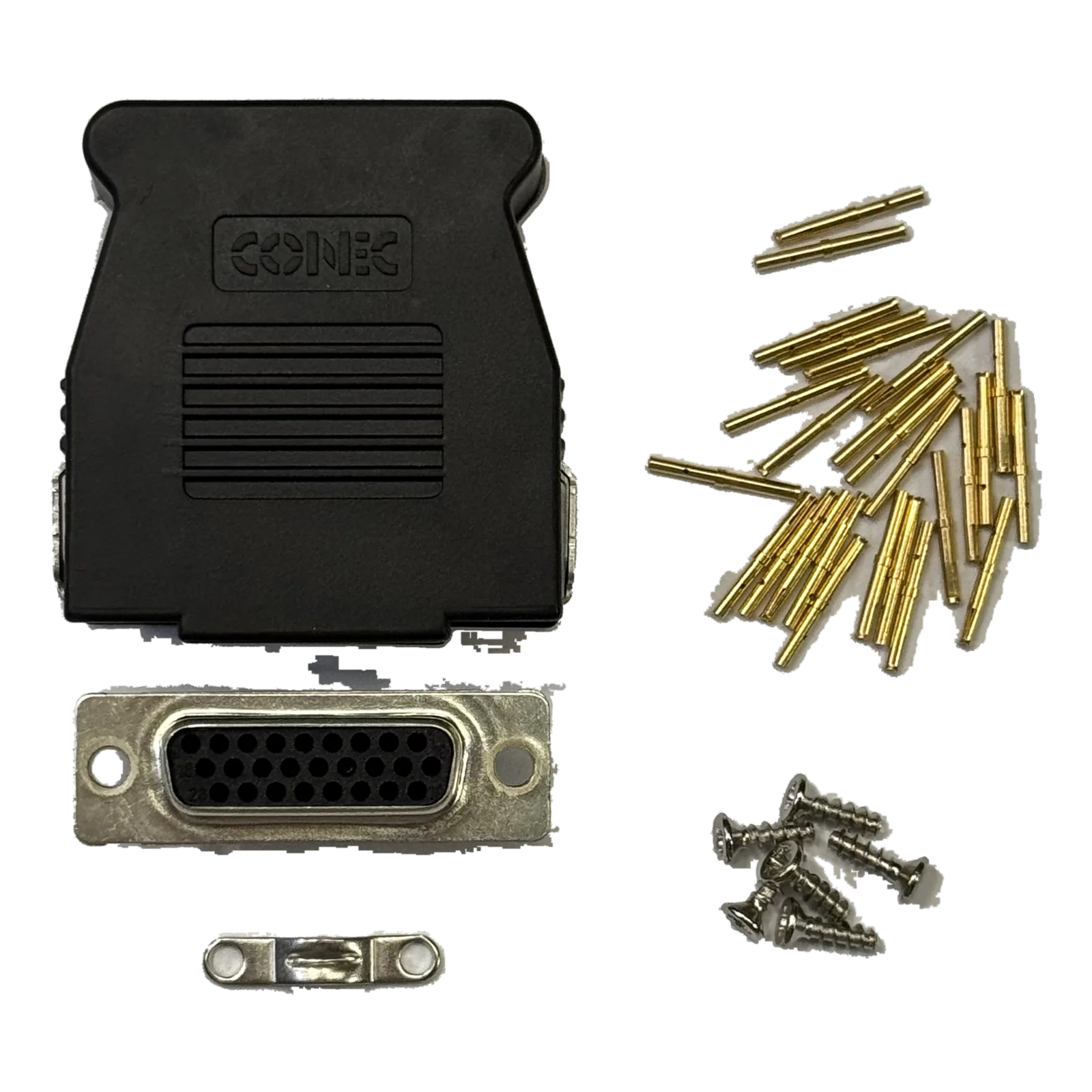 Navia Traffic J200 connector set: 26-way high-density D-Sub receptacle, two-piece backshell, gold crimp sockets and screws