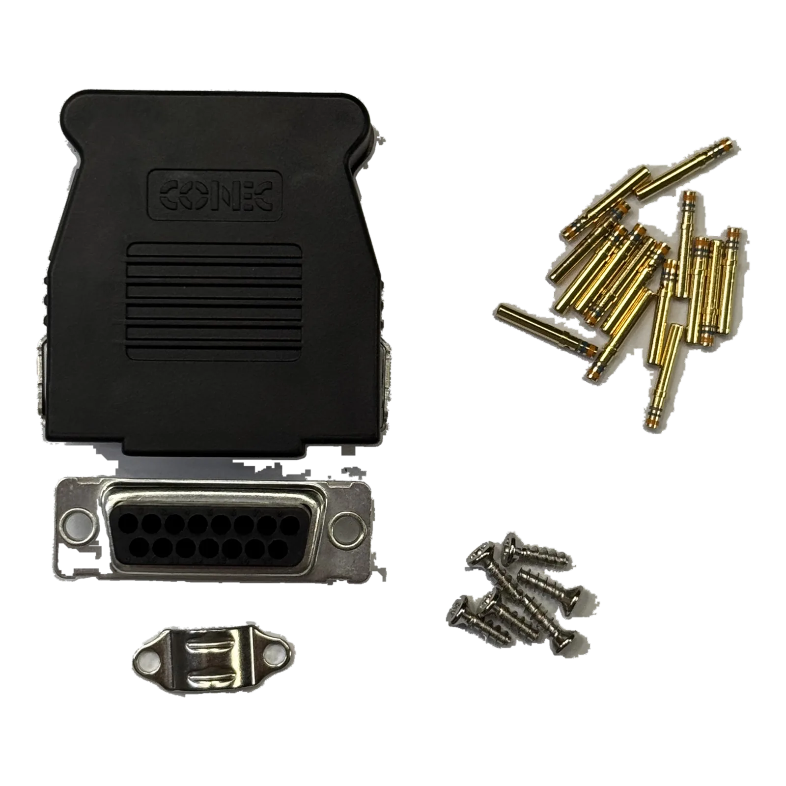 Navia Sense J300 connector set: 15-way D-Sub receptacle, two-piece backshell, gold crimp sockets and screws