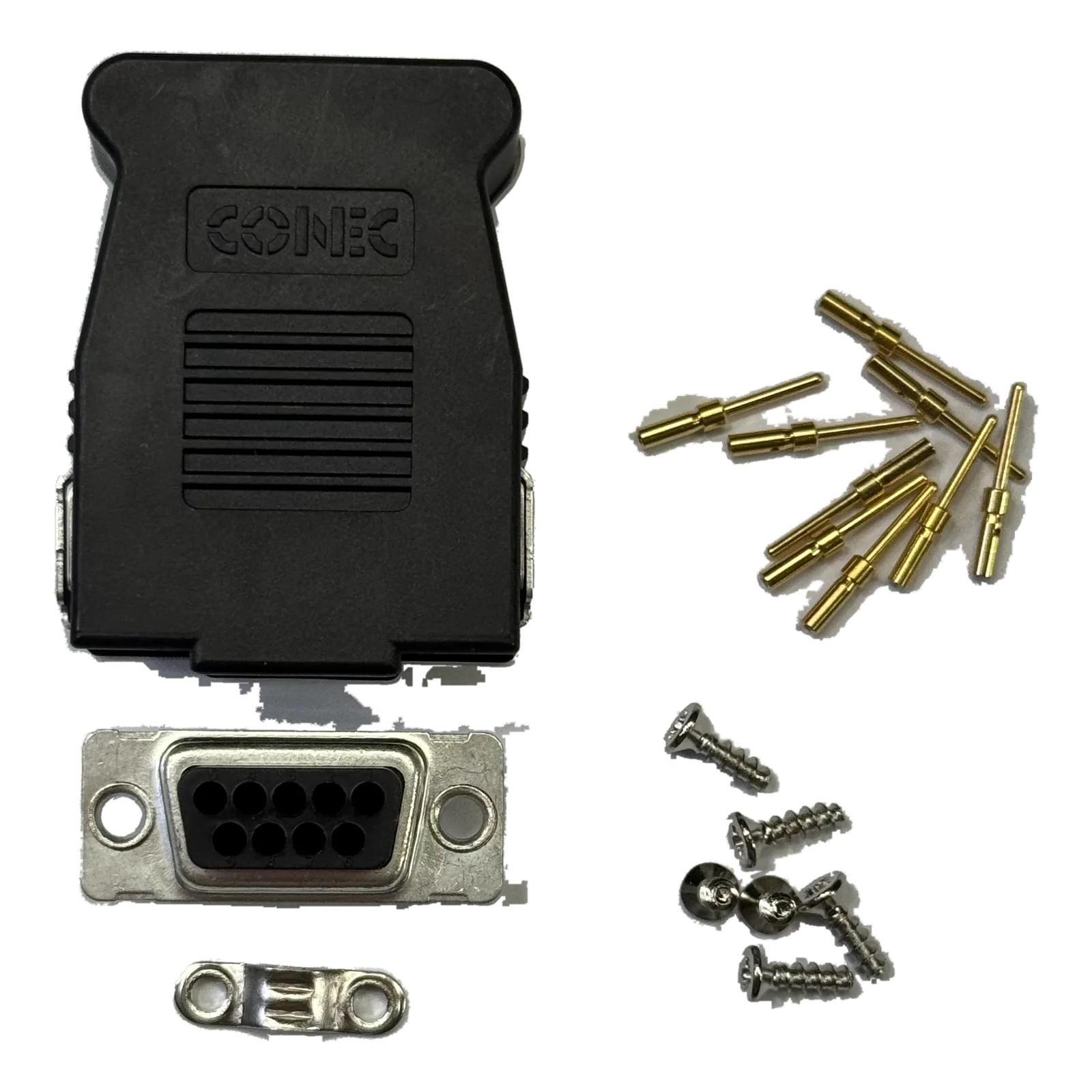 Navia Display J500 connector set: 9-way D-Sub plug, two-piece backshell, gold crimp pins and screws