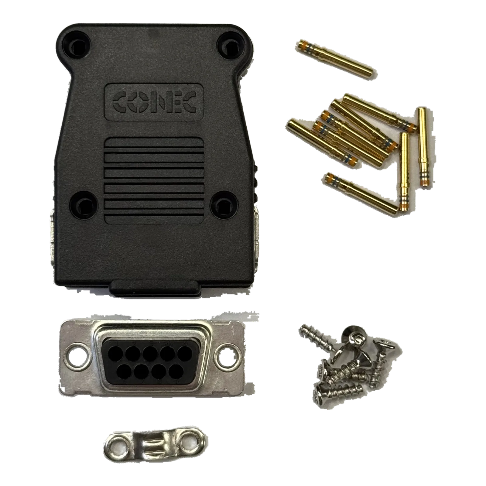 Navia Indicator J700 connector set: 9-way D-Sub receptacle, two-piece backshell, gold crimp sockets and screws