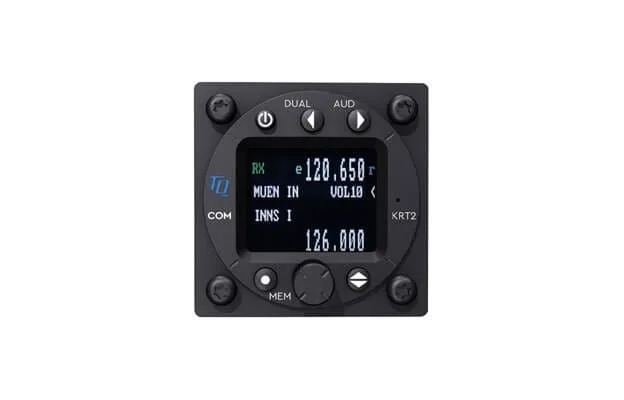 KRT2 Standard 57 mm VHF radio showing 128.650 MHz active and 126.000 MHz standby