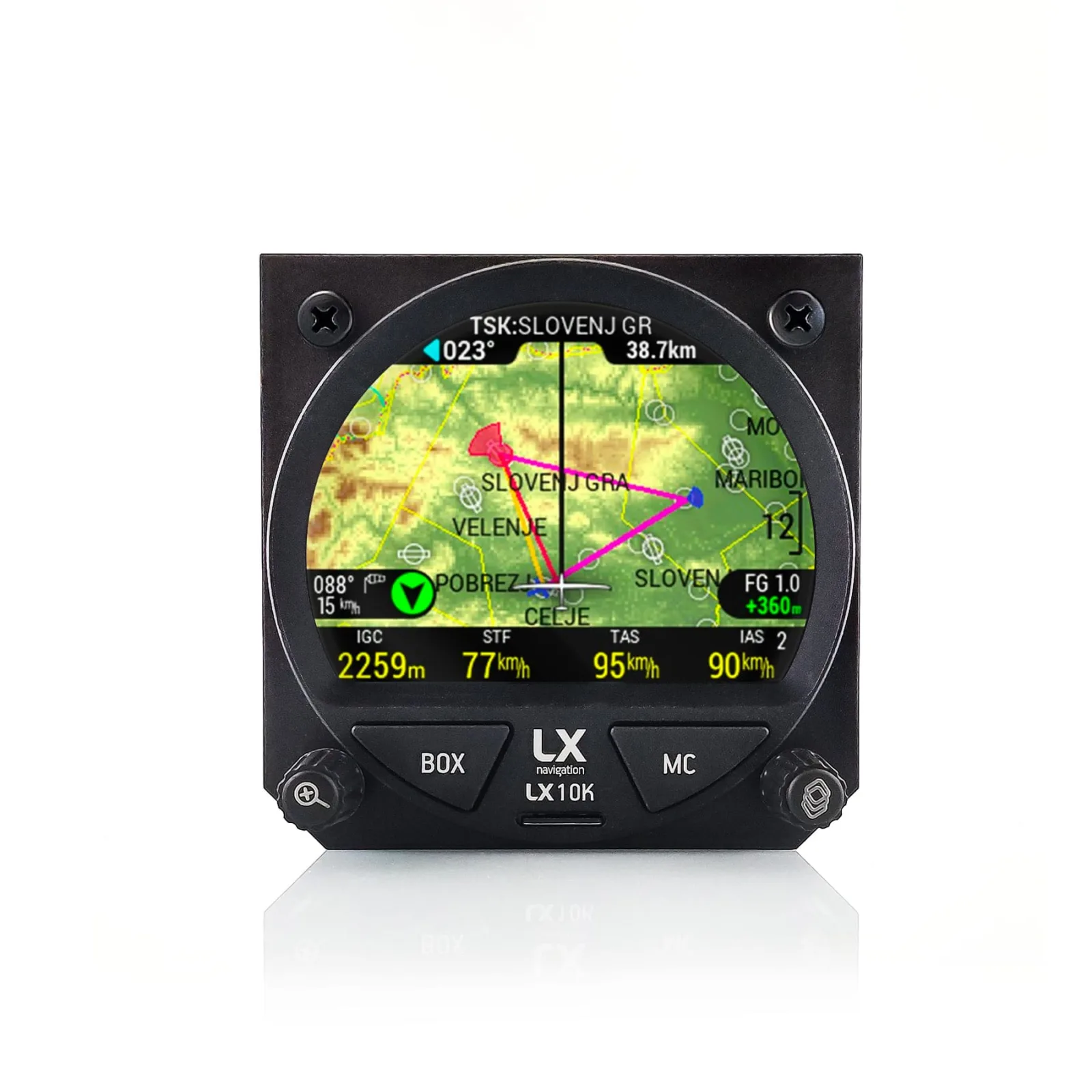 LX 10K navigation display showing the moving map with the task line and turnpoint data fields