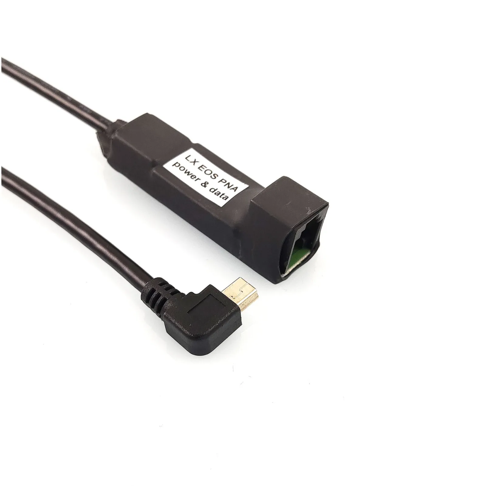 LX Eos PNA power and data adapter: an inline module with a right-angle plug and a modular socket