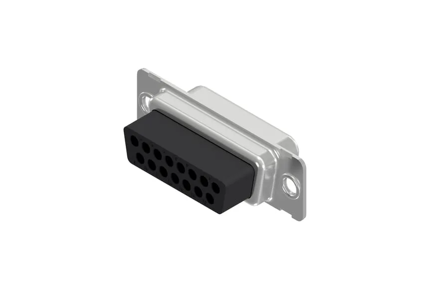 Empty 15-position D-Sub female receptacle housing with its metal mounting flange