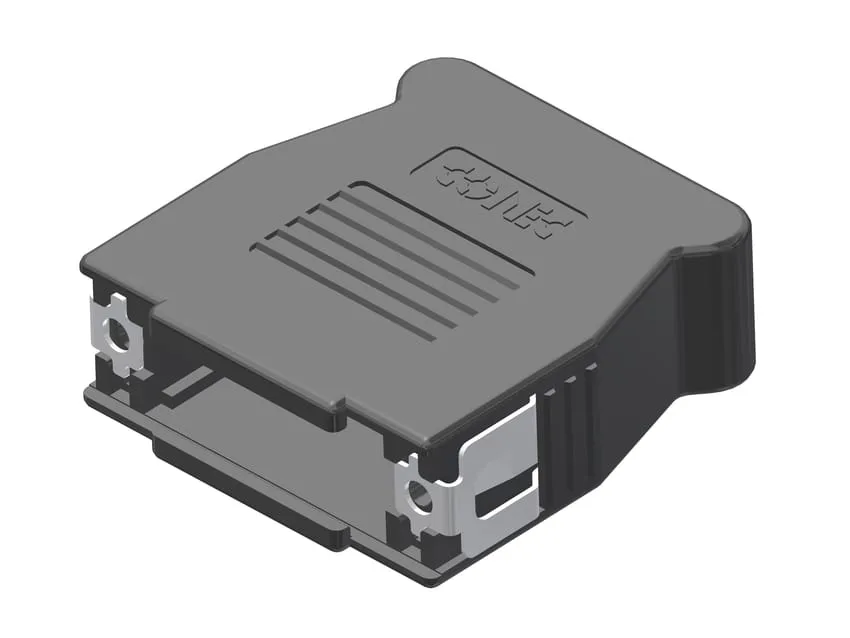 Two-piece shielded D-Sub backshell in grey, assembled for 90 or 180 degree cable exit