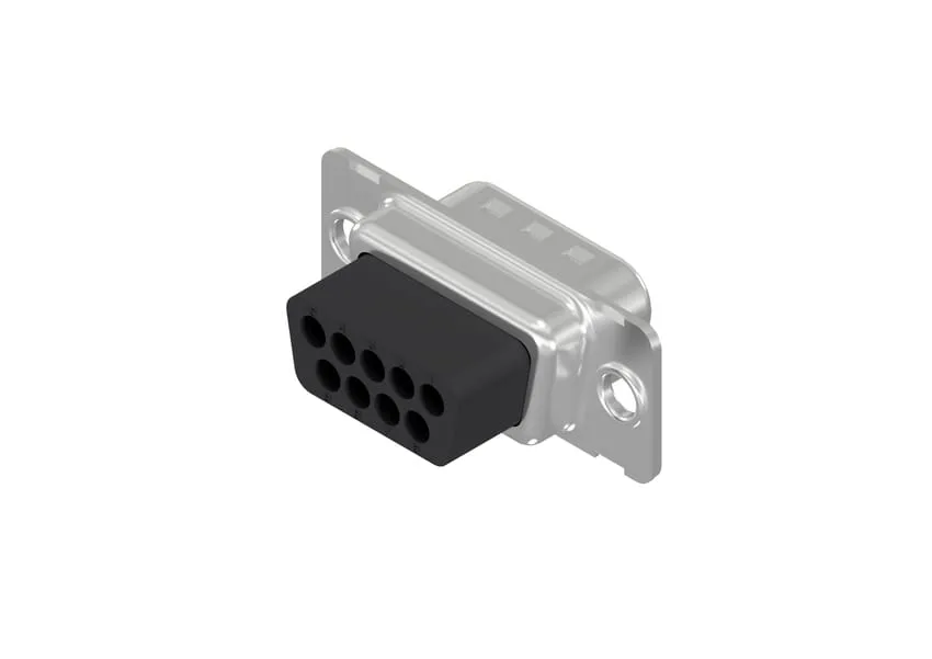 Empty 9-position D-Sub male plug housing with its metal mounting flange