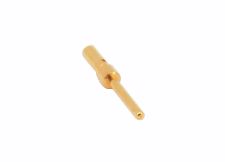 Gold-plated male D-Sub crimp pin for 20 to 24 AWG wire, shown close up