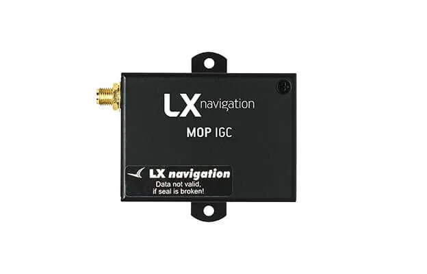 MOP IGC logger: a black box with an antenna connector and the LX Navigation security seal