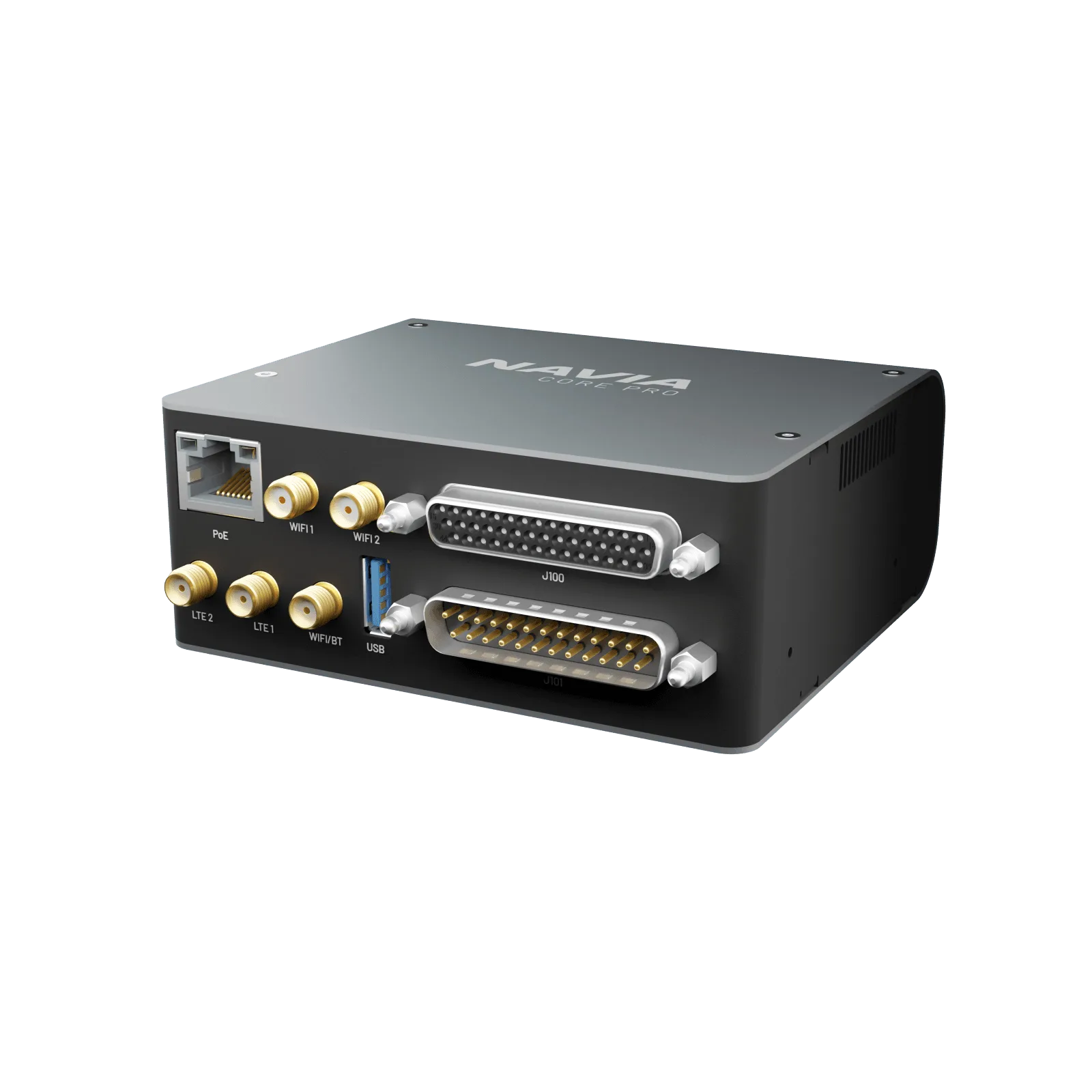 Navia Core Pro flight computer, connector face with the antenna sockets and 44-way high-density D-Sub