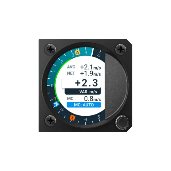 Navia vario indicator 57 showing 2.3 m/s climb with the average, netto and MacCready values