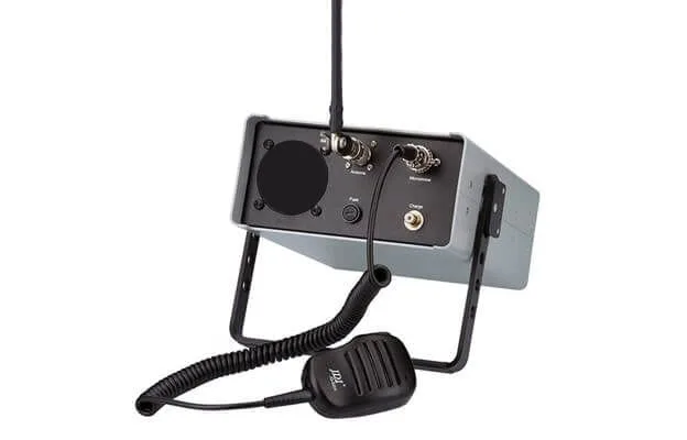 TB-Set S portable radio station in its grey case with the handheld push-to-talk microphone