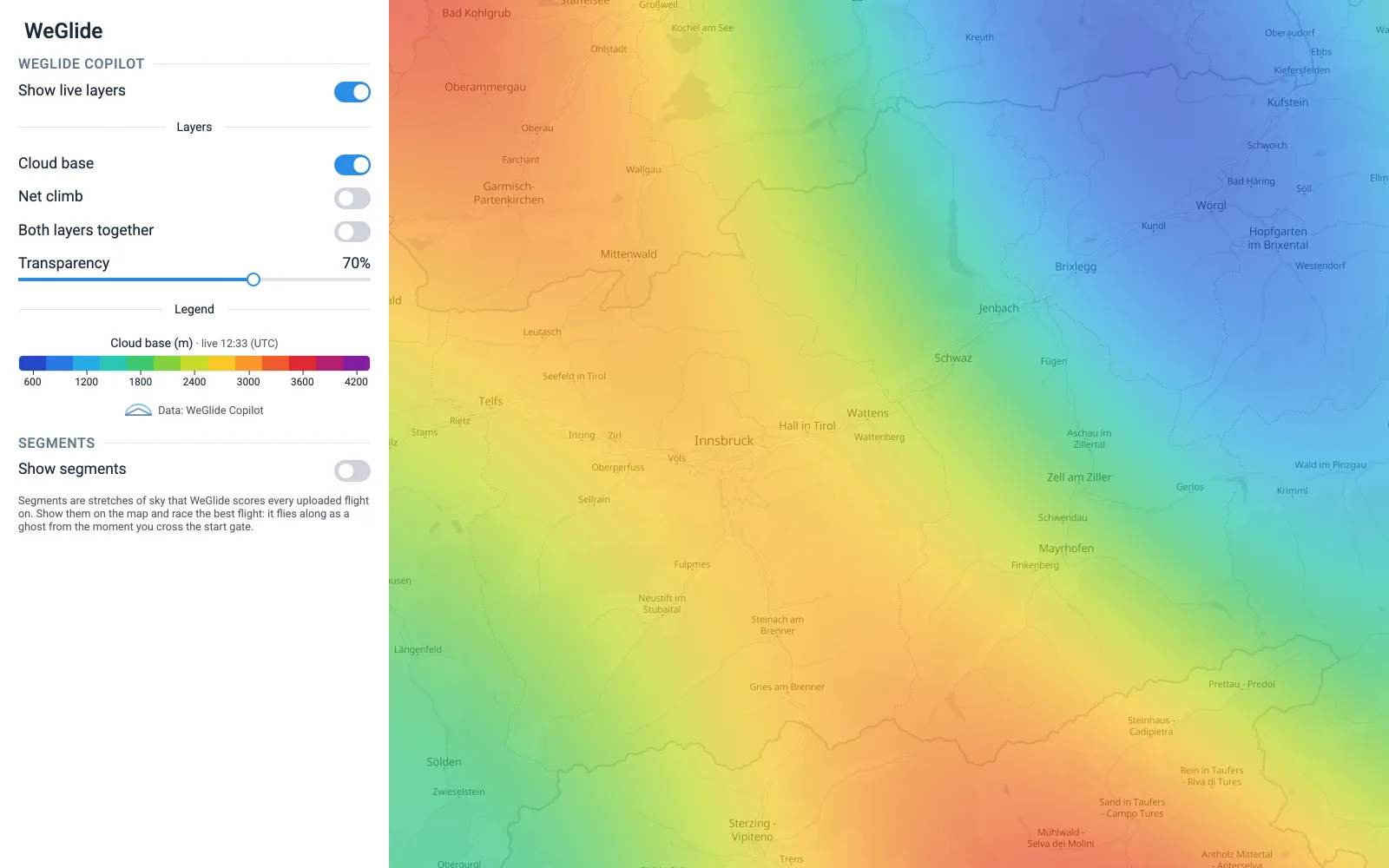 Navia map with the WeGlide Copilot cloud base layer and its legend