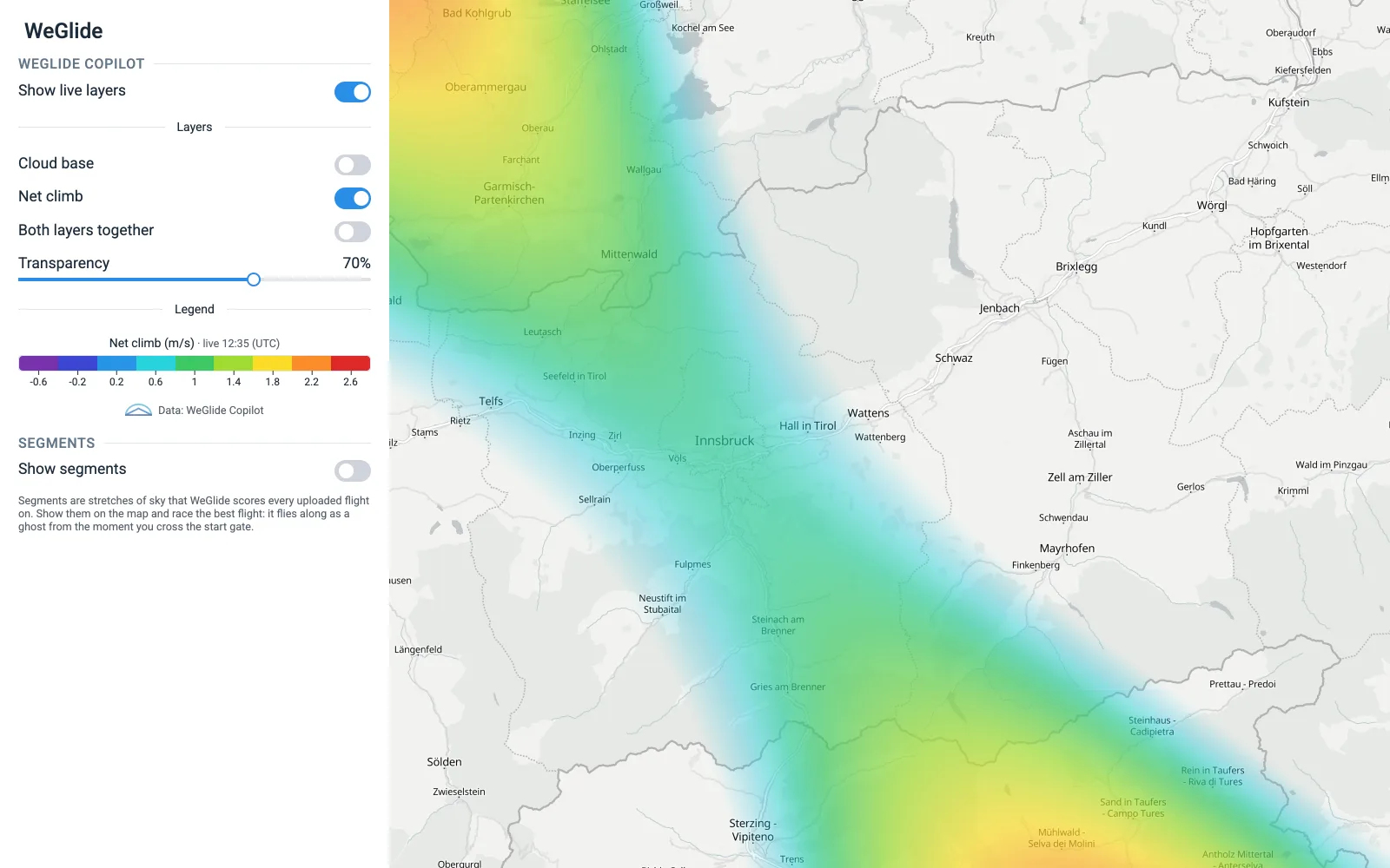 Navia map with the WeGlide Copilot net climb layer